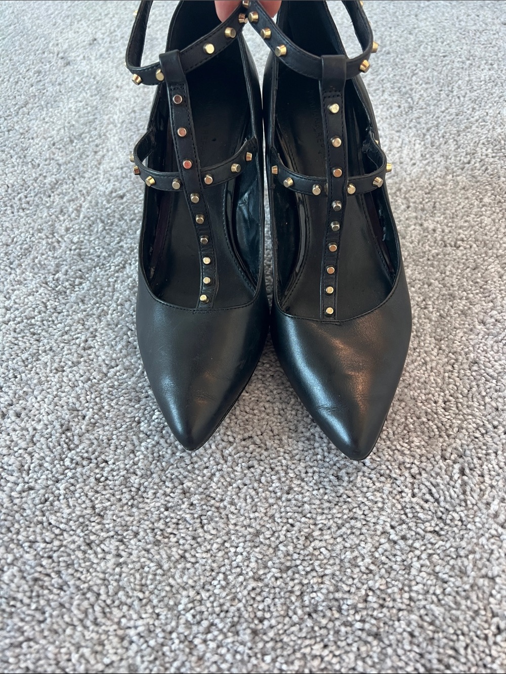 Banana Republic Black Pointed-Toe T-Strap Heels with Gold Studs